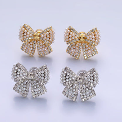 24K Gold Filled Shell Pearl Dotted Micro Paved CZ Ribbon Bow Stud Earrings in Gold &amp; Silver | AB692 AB693