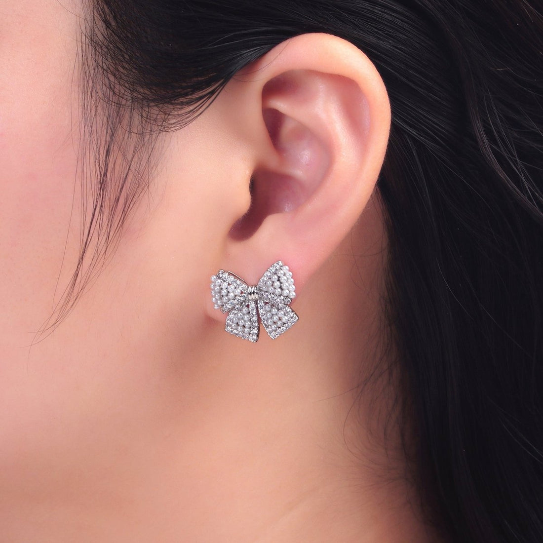 24K Gold Filled Shell Pearl Dotted Micro Paved CZ Ribbon Bow Stud Earrings in Gold &amp; Silver | AB692 AB693
