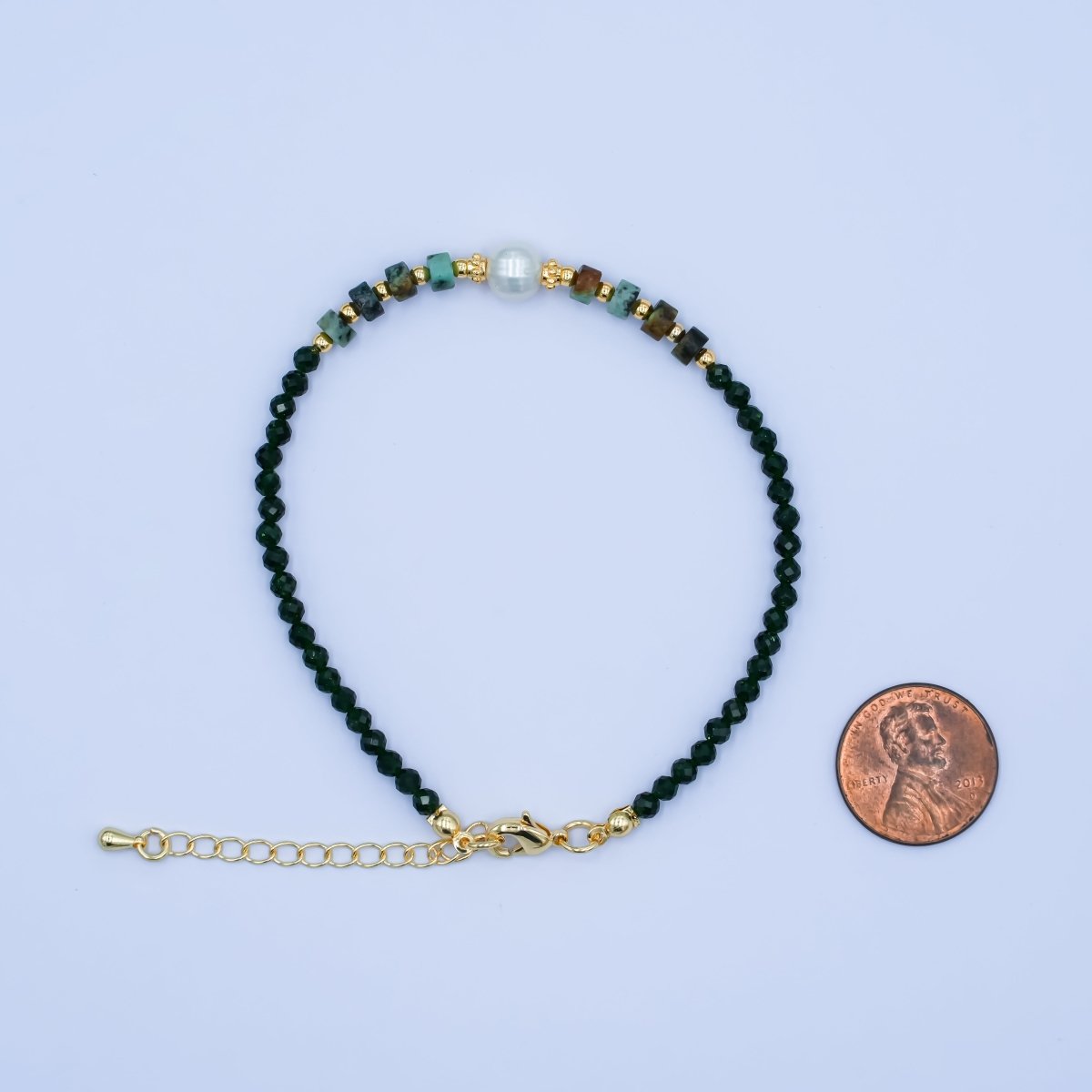 24K Gold Filled Shell Pearl Malachite Green Gemstone 7.5 Inch Bracelet | WA-2885
