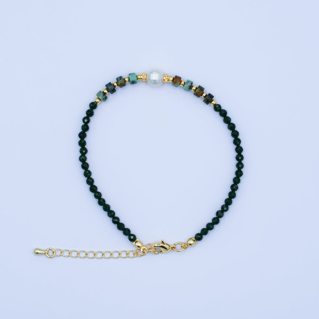 24K Gold Filled Shell Pearl Malachite Green Gemstone 7.5 Inch Bracelet | WA-2885
