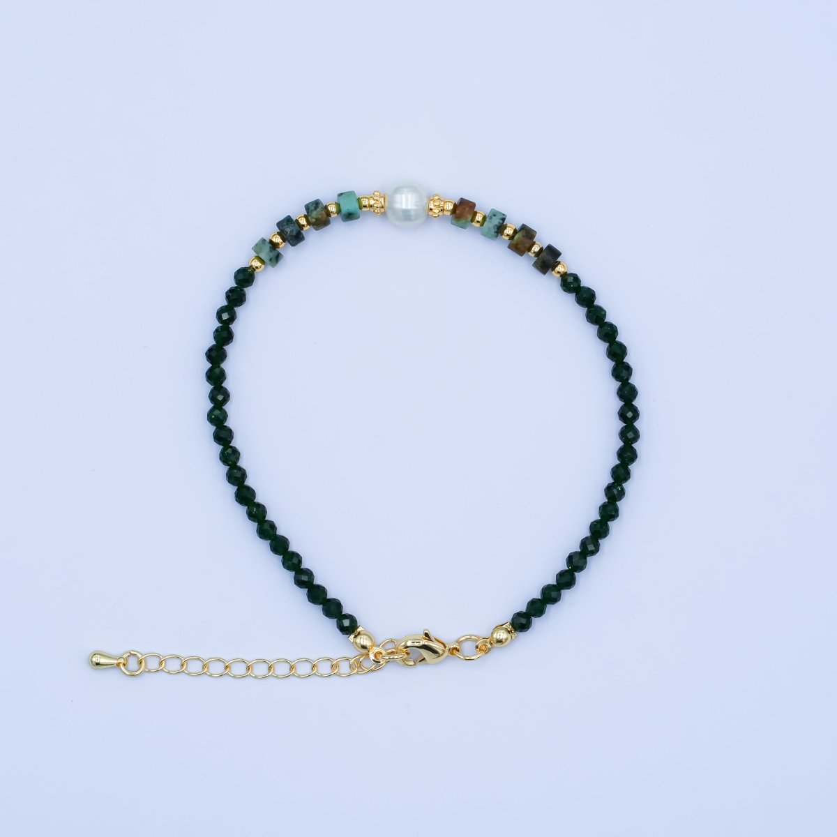 24K Gold Filled Shell Pearl Malachite Green Gemstone 7.5 Inch Bracelet | WA-2885
