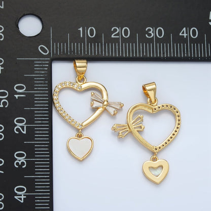 24K Gold Filled Shell Pearl Micro Paved CZ Baguette Bow Heart Drop Pendant | AA866