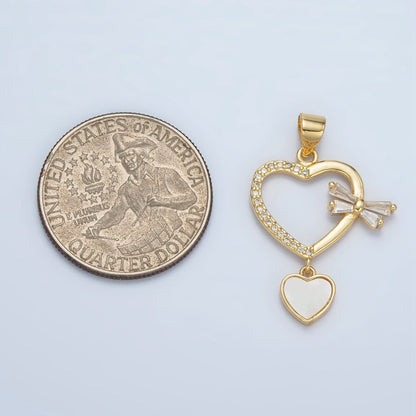 24K Gold Filled Shell Pearl Micro Paved CZ Baguette Bow Heart Drop Pendant | AA866