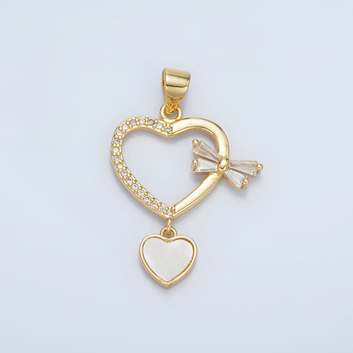 24K Gold Filled Shell Pearl Micro Paved CZ Baguette Bow Heart Drop Pendant | AA866