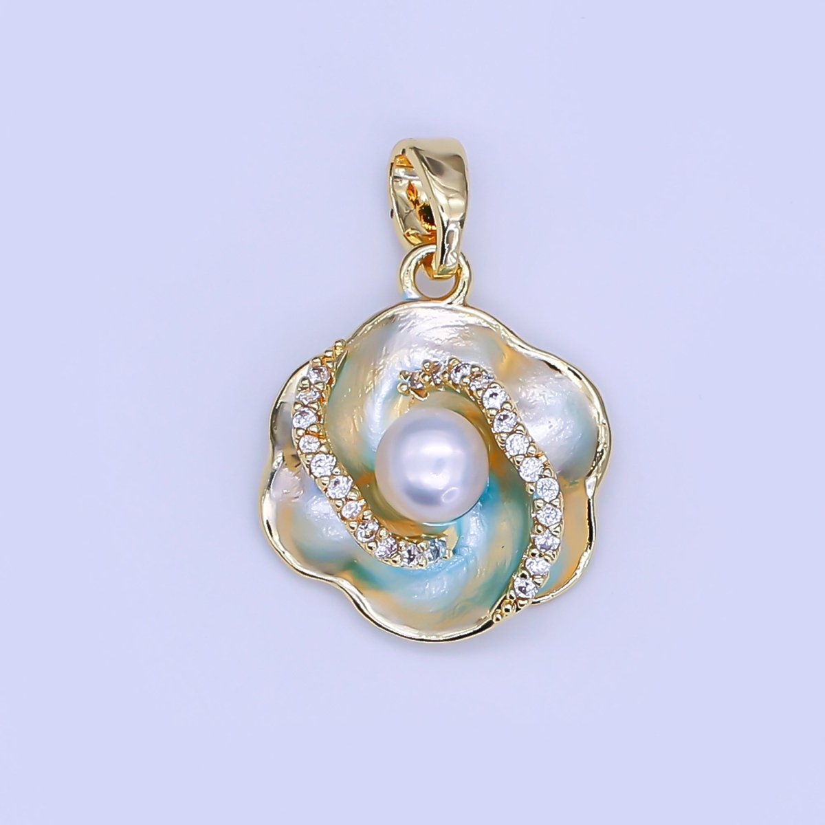 24K Gold Filled Shell Pearl Micro Paved CZ Blue Foil Daisy Flower Pendant in Gold &amp; Silver | AH405