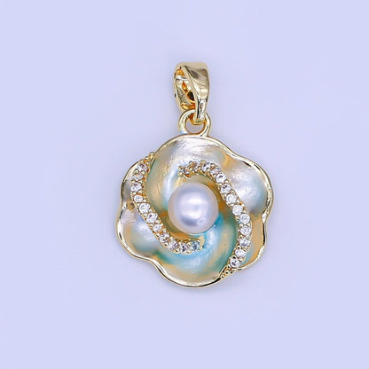 24K Gold Filled Shell Pearl Micro Paved CZ Blue Foil Daisy Flower Pendant in Gold &amp; Silver | AH405