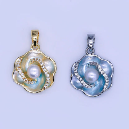 24K Gold Filled Shell Pearl Micro Paved CZ Blue Foil Daisy Flower Pendant in Gold &amp; Silver | AH405