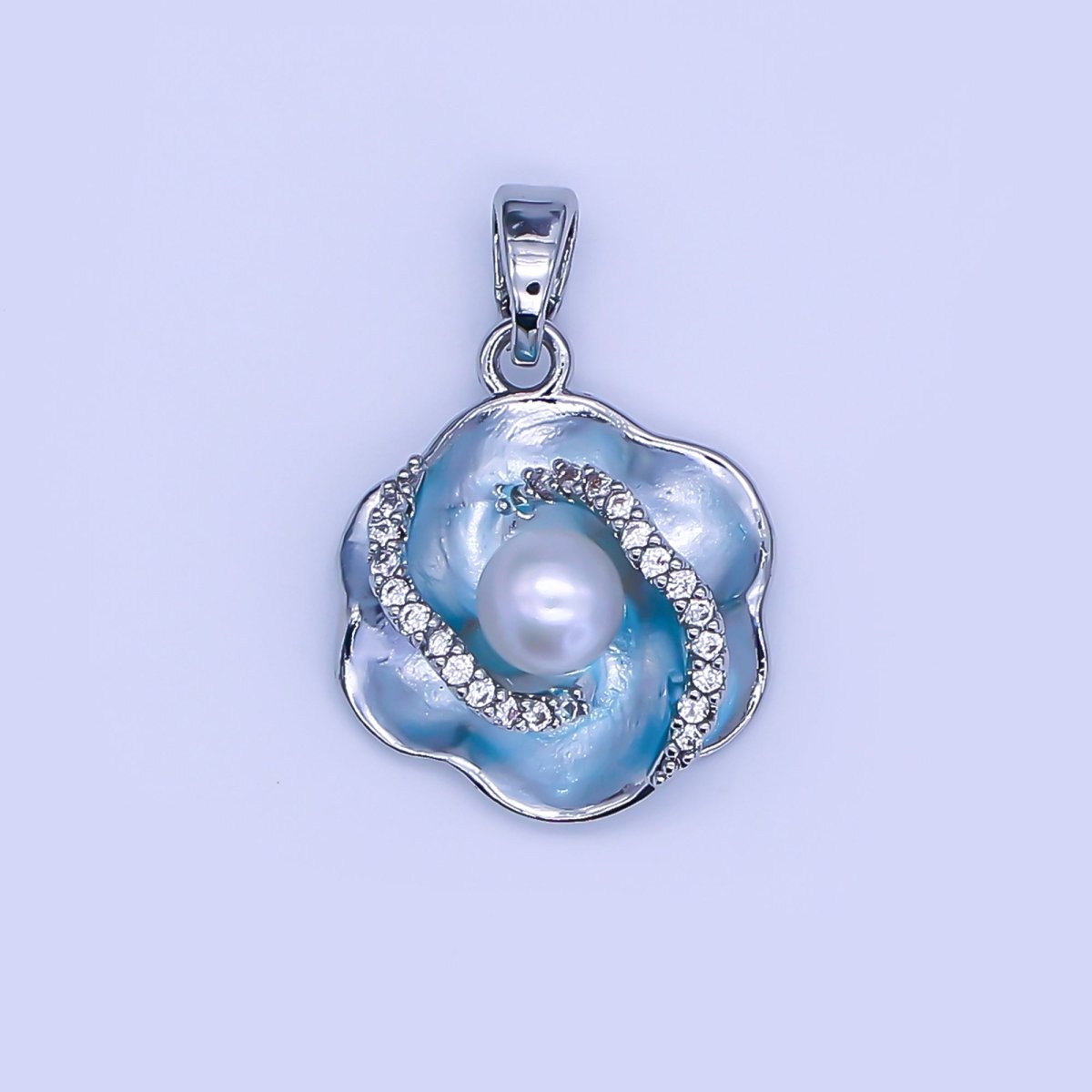 24K Gold Filled Shell Pearl Micro Paved CZ Blue Foil Daisy Flower Pendant in Gold &amp; Silver | AH405