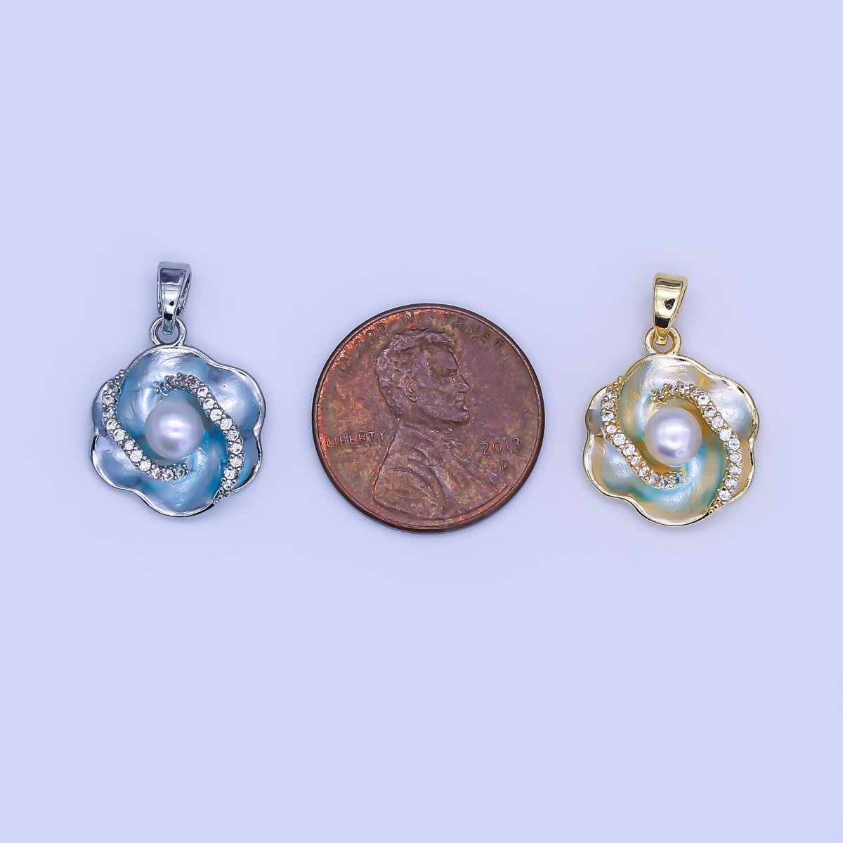 24K Gold Filled Shell Pearl Micro Paved CZ Blue Foil Daisy Flower Pendant in Gold &amp; Silver | AH405