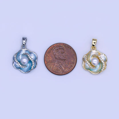 24K Gold Filled Shell Pearl Micro Paved CZ Blue Foil Daisy Flower Pendant in Gold &amp; Silver | AH405