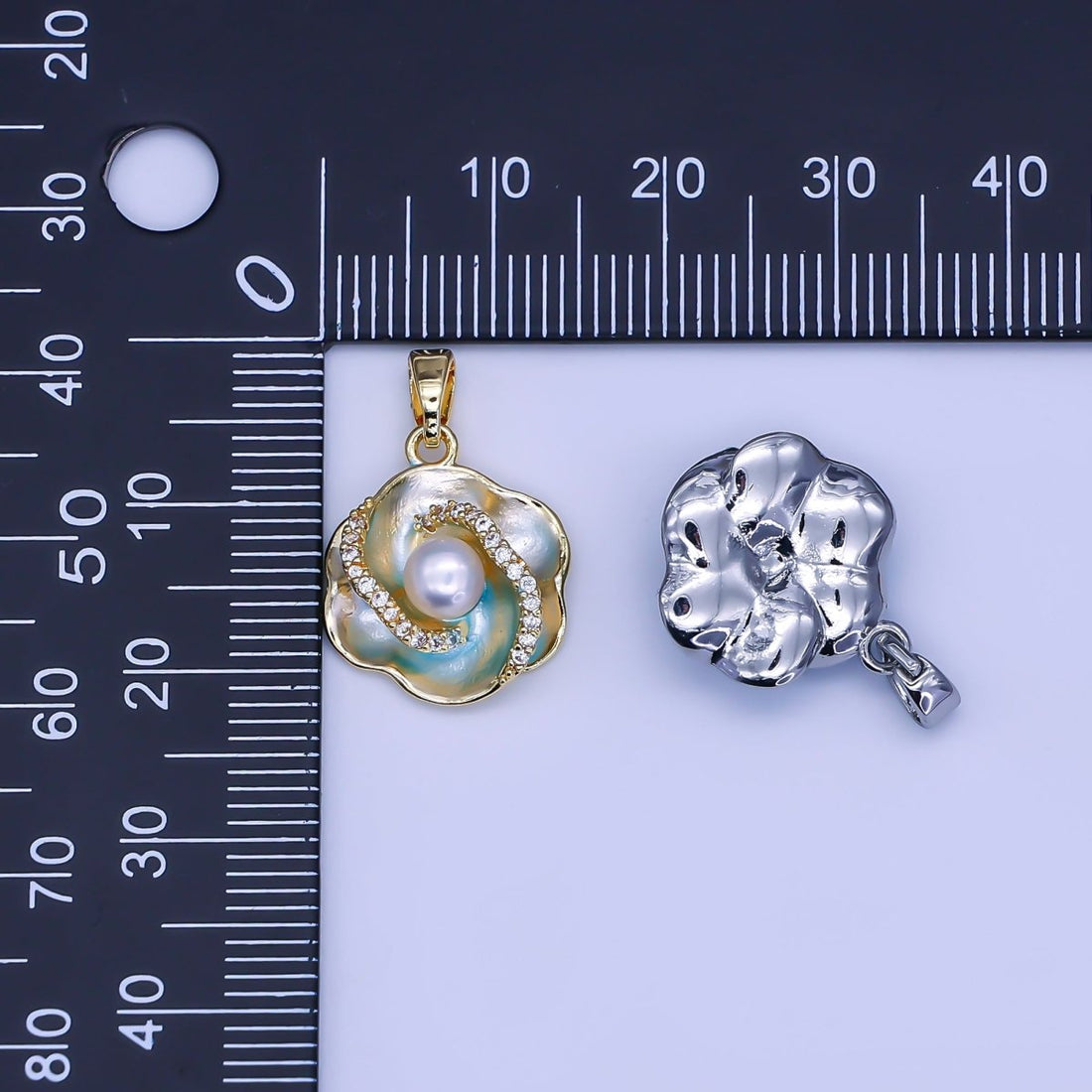 24K Gold Filled Shell Pearl Micro Paved CZ Blue Foil Daisy Flower Pendant in Gold &amp; Silver | AH405