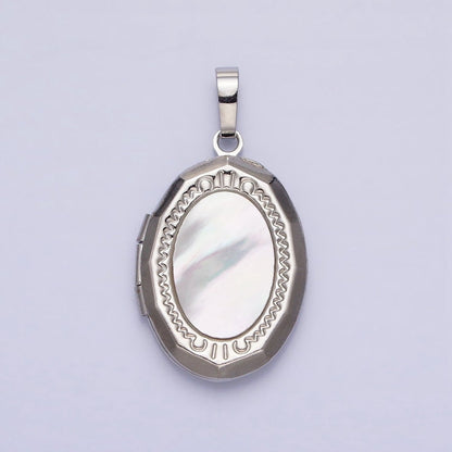 24K Gold Filled Shell Pearl Oval Geometric Engraved Locket in Gold &amp; Silver | AA-367 AA-368