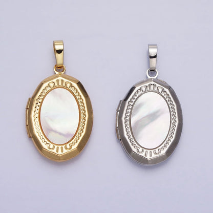 24K Gold Filled Shell Pearl Oval Geometric Engraved Locket in Gold &amp; Silver | AA-367 AA-368