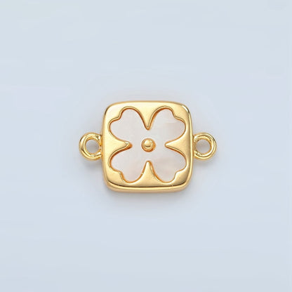 24K Gold Filled Shell Pearl Quatrefoil Flower Square Bezel Connector | F012