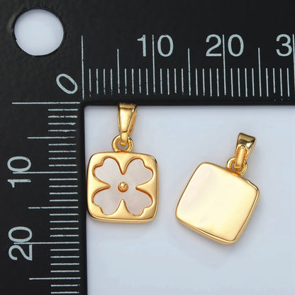 24K Gold Filled Shell Pearl Quatrefoil Flower Square Bezel Pendant | H587