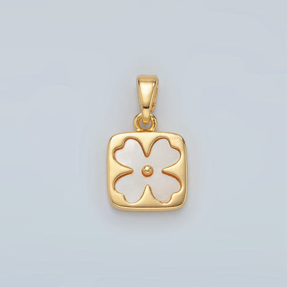 24K Gold Filled Shell Pearl Quatrefoil Flower Square Bezel Pendant | H587