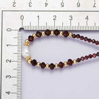 24K Gold Filled Shell Pearl Red Agate Multifaceted Gemstone Ball Paperclip Chain Half 18 Inch Necklace w. Extender | WA-04237
