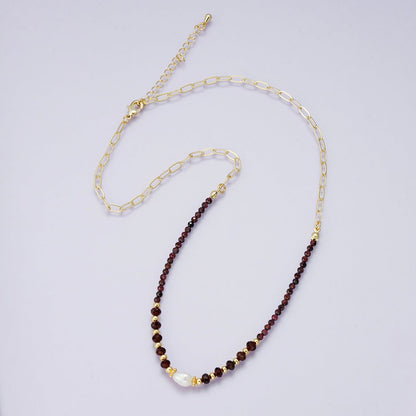 24K Gold Filled Shell Pearl Red Agate Multifaceted Gemstone Ball Paperclip Chain Half 18 Inch Necklace w. Extender | WA-04237