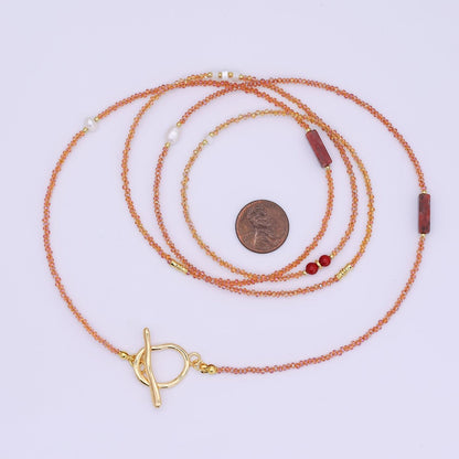 24K Gold Filled Shell Pearl Red Carnelian Orange Crystal Gemstone 40 Inches Necklace | WA-3076
