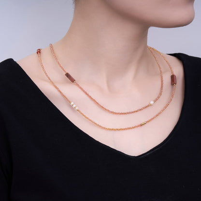 24K Gold Filled Shell Pearl Red Carnelian Orange Crystal Gemstone 40 Inches Necklace | WA-3076