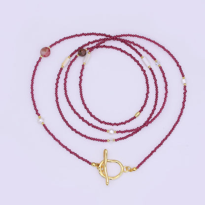 24K Gold Filled Shell Pearl Red Crystal Gemstone 40 Inches Necklace | WA-3075