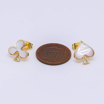 24K Gold Filled Shell Pearl Spades &amp; Clubs Card Mis Matched Stud Earrings | Q-346