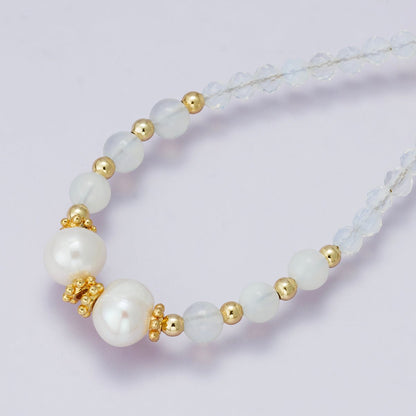 24K Gold Filled Shell Pearl White Opal Multifaceted Gemstone Ball Cable Chain Half 18 Inch Necklace w. Extender | WA-04236