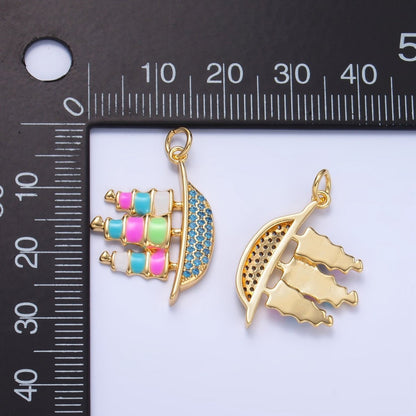 24K Gold Filled Ship Travel Micro Paved CZ Enamel Charm | W110
