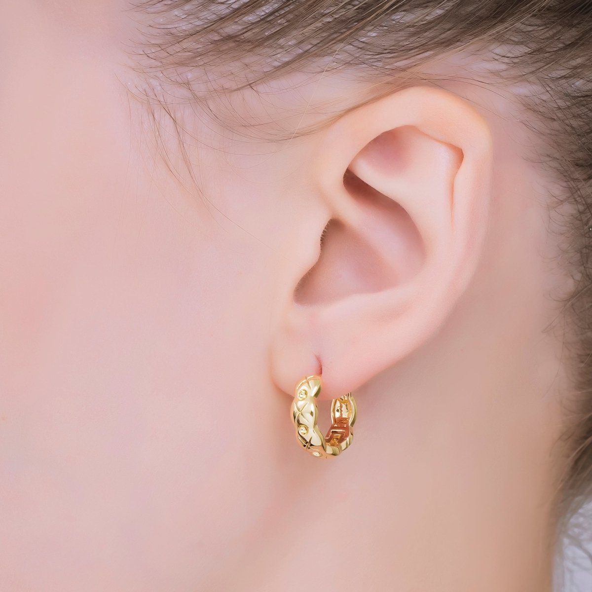 24K Gold Filled Simple Wavy Textured Lever Back Huggie Hoops Earrings | AJ-062