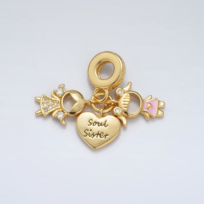 24K Gold Filled Sisterhood "Soul Sister" Micro Paved Enamel Rhondelle Bail Triple Drop Pendant | AC085