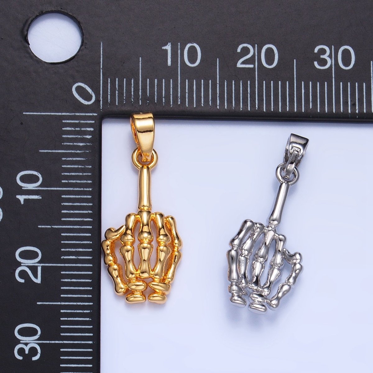 24K Gold Filled 20mm "Middle Finger" Skeleton Hand Gesture Multidimensional Pendant in Gold &amp; Silver | AA993