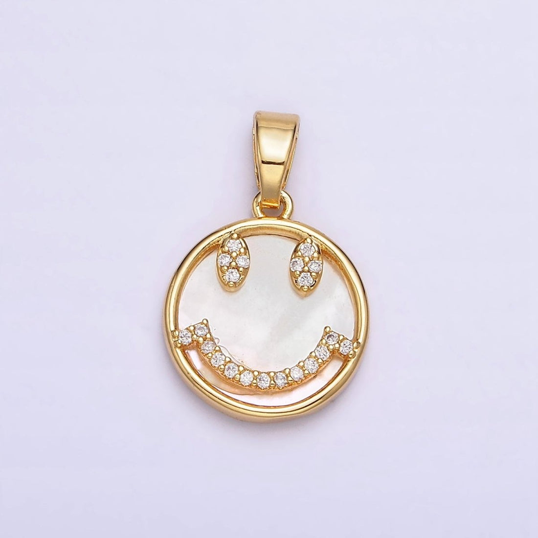 24K Gold Filled Smiley Face Micro Paved CZ Shell Pearl Round Pendant | AA584