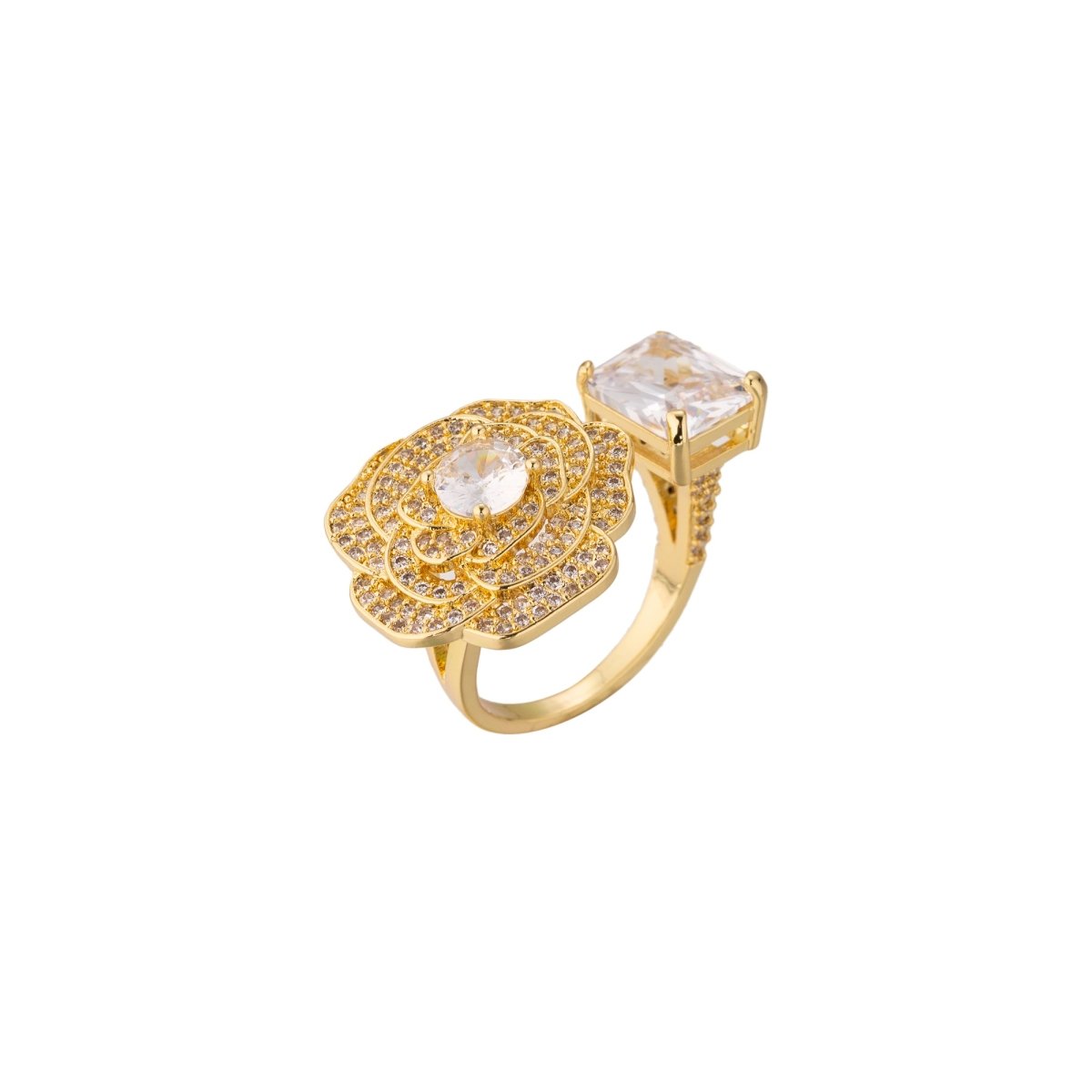 24K Gold Filled Clear CZ Baguette Micro Paved Rose Flower Ring in Gold &amp; Silver | Rings-00238 Rings-00239