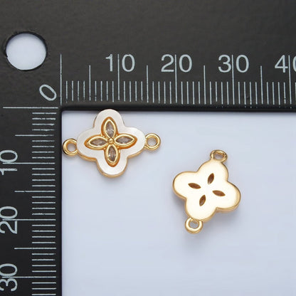 24K Gold Filled Sphere CZ Shell Pearl Quatrefoil Flower Connector | F097