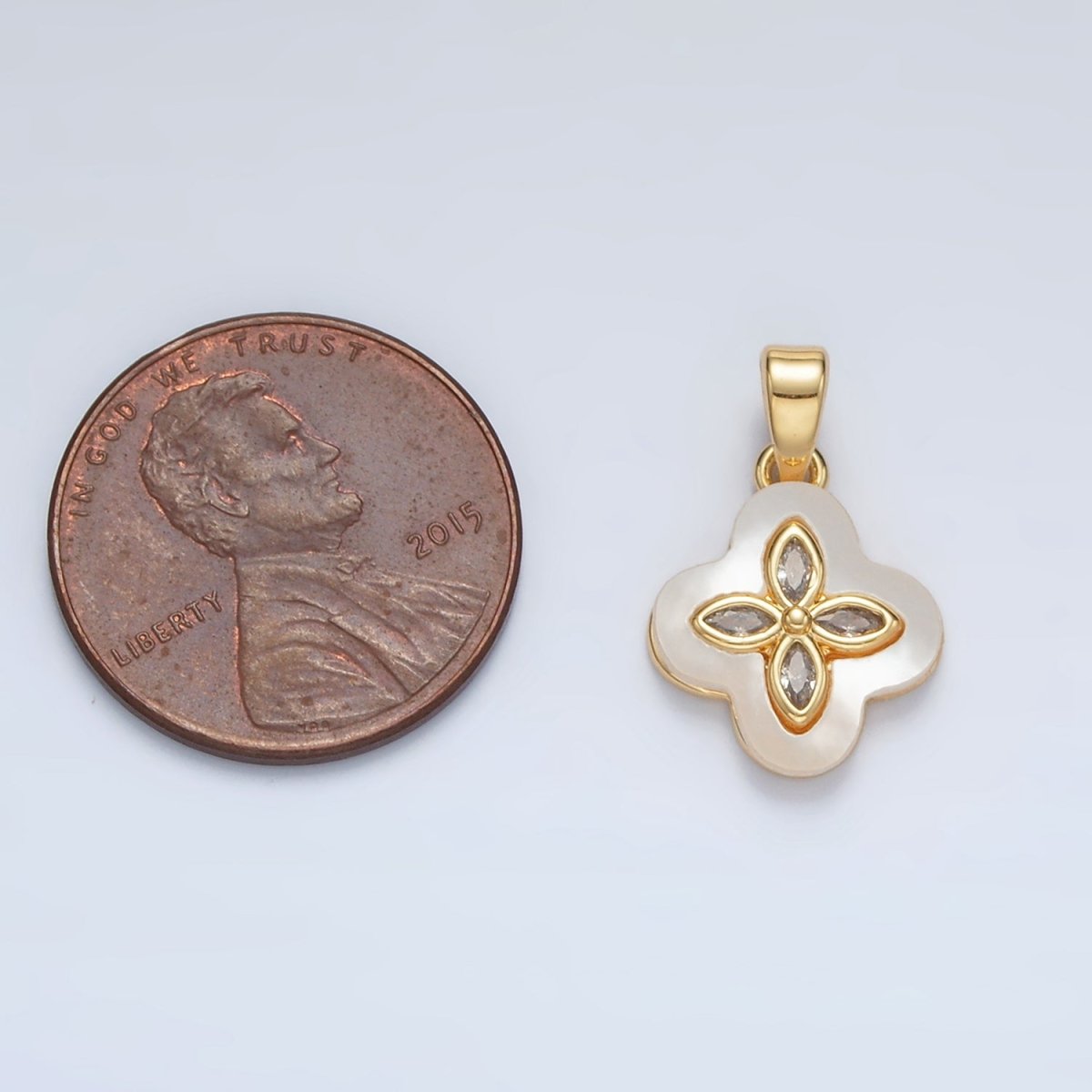 24K Gold Filled 14mm Marquise CZ Shell Pearl Quatrefoil Flower Pendant in Gold &amp; Silver | AA1522