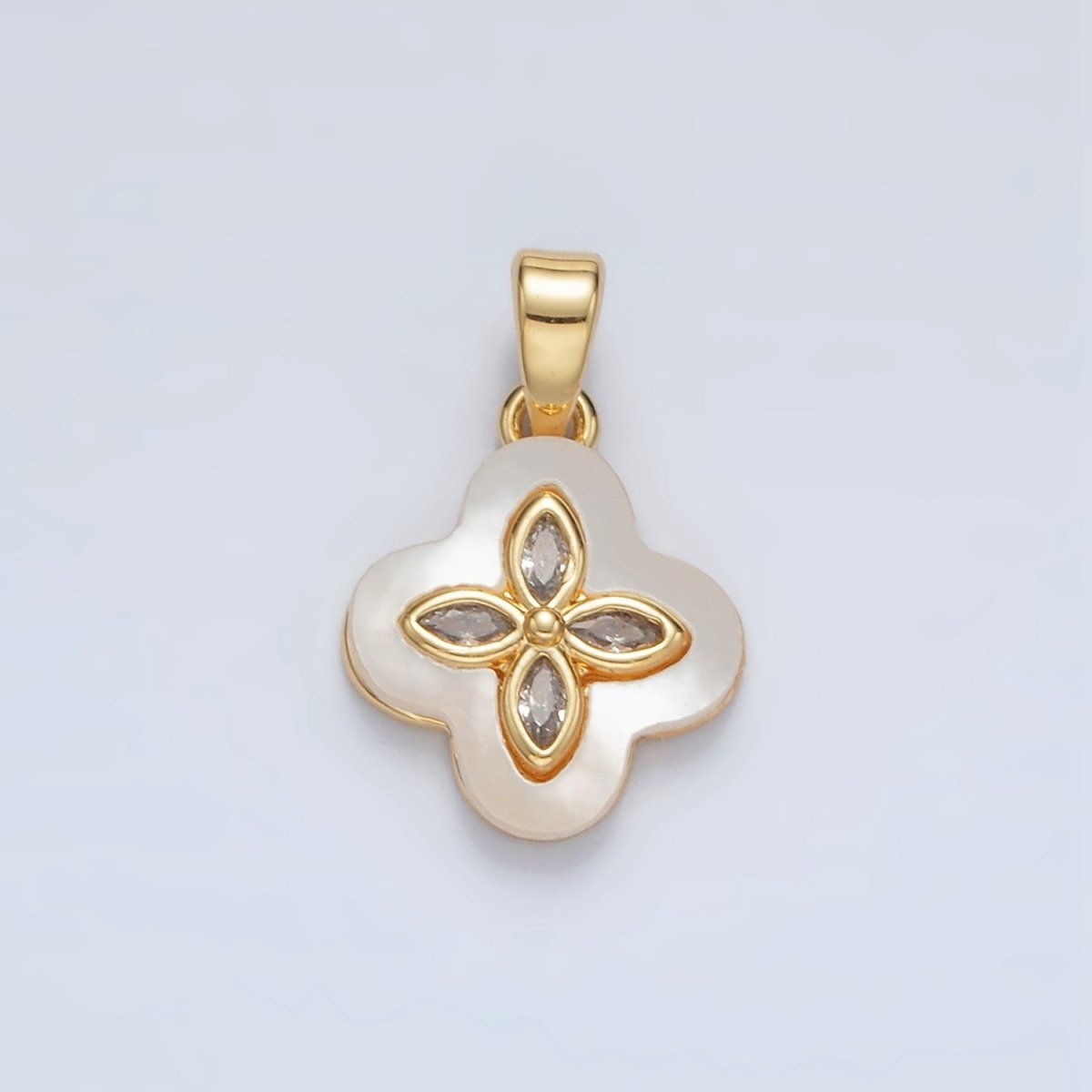 24K Gold Filled 14mm Marquise CZ Shell Pearl Quatrefoil Flower Pendant in Gold &amp; Silver | AA1522