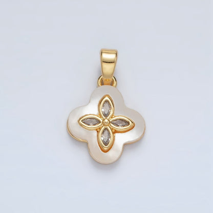 24K Gold Filled 14mm Marquise CZ Shell Pearl Quatrefoil Flower Pendant in Gold &amp; Silver | AA1522