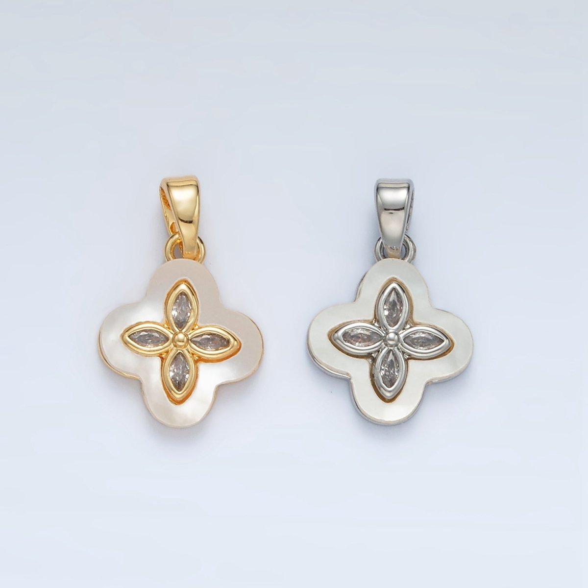 24K Gold Filled 14mm Marquise CZ Shell Pearl Quatrefoil Flower Pendant in Gold &amp; Silver | AA1522