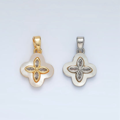 24K Gold Filled 14mm Marquise CZ Shell Pearl Quatrefoil Flower Pendant in Gold &amp; Silver | AA1522