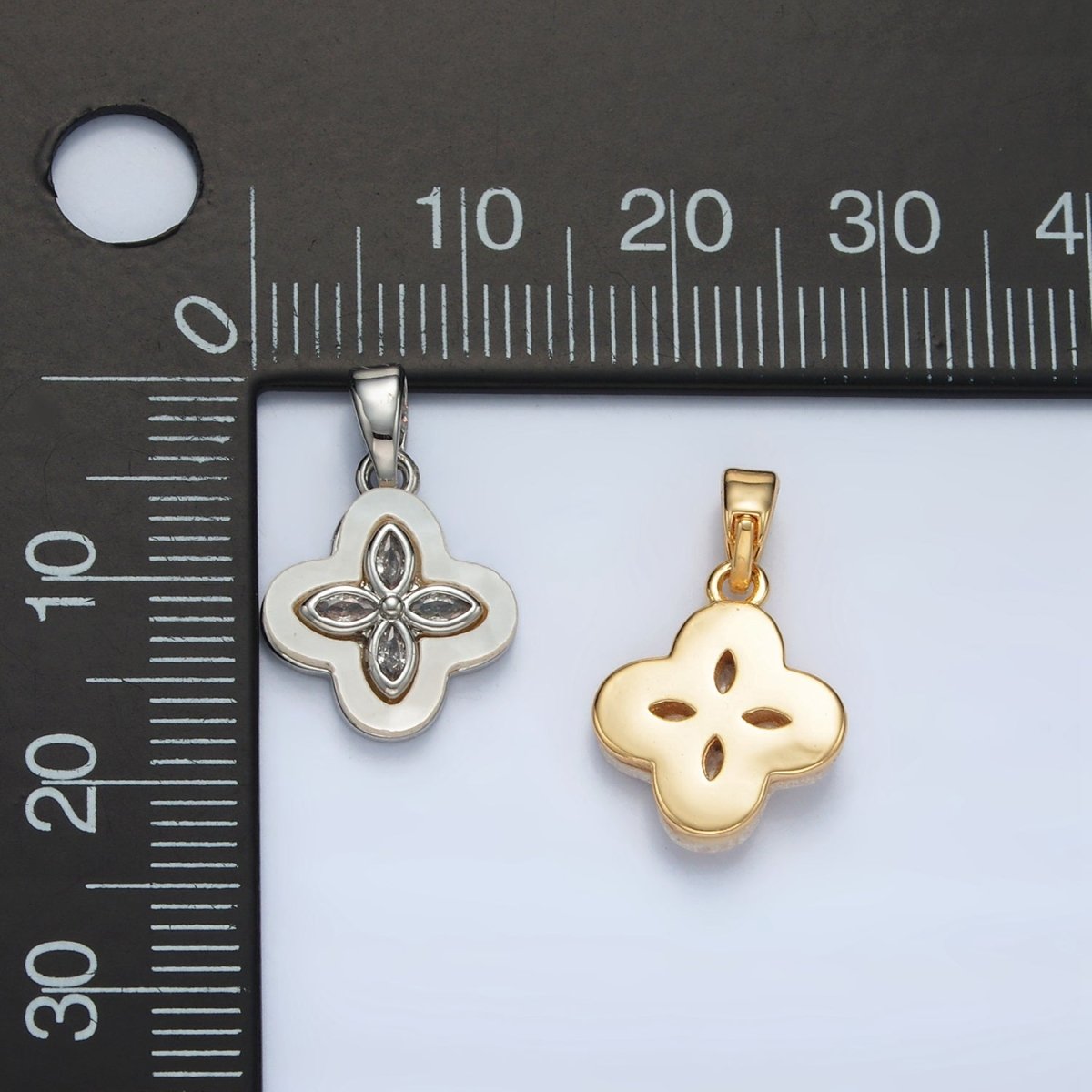 24K Gold Filled 14mm Marquise CZ Shell Pearl Quatrefoil Flower Pendant in Gold &amp; Silver | AA1522