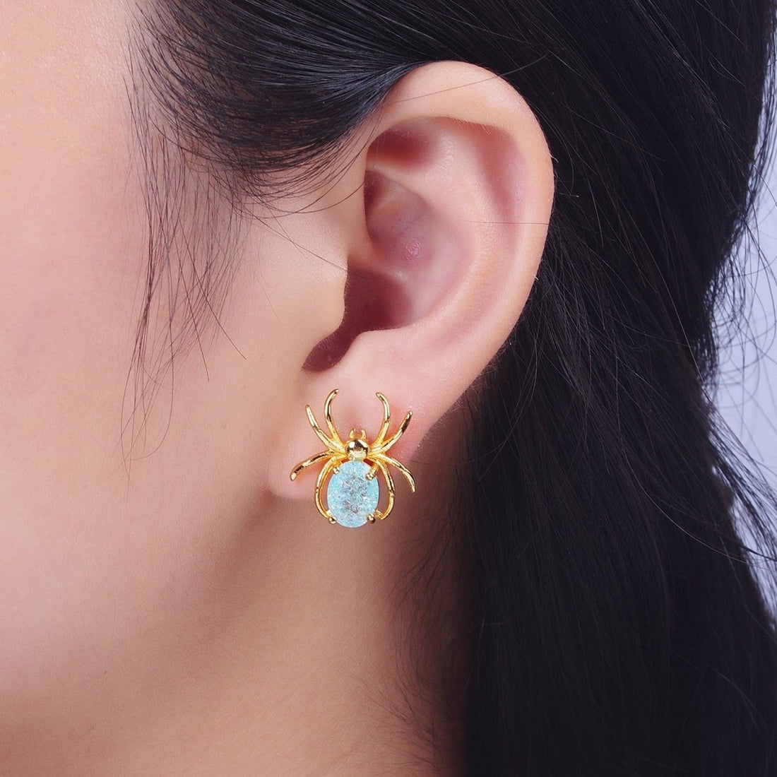 24K Gold Filled Spider Earring Blue Cubic Zirconia Gold Spider Stud Earrings for Halloween | AE-1015