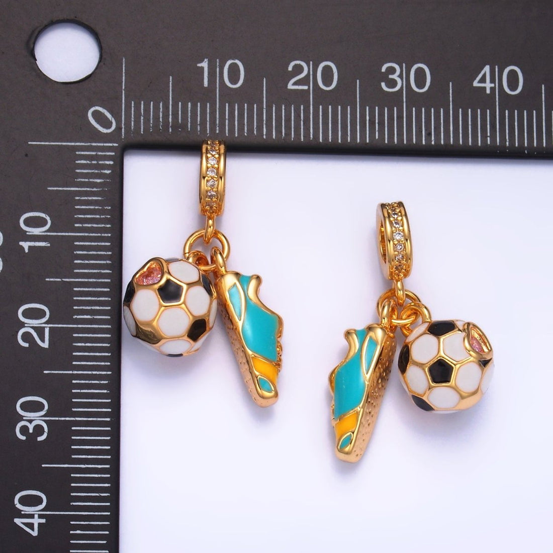 24K Gold Filled Sports Soccer Ball Shoes Enamel Micro Paved CZ Rhondelle Drop Pendant | W334
