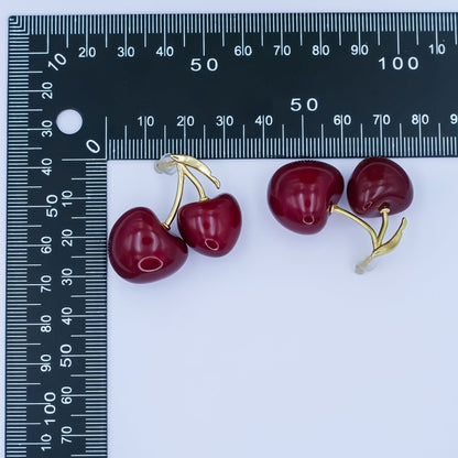 24K Gold Filled Spring Red Cherry Drop Stud Earrings | AB422