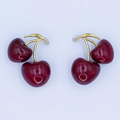 24K Gold Filled Spring Red Cherry Drop Stud Earrings | AB422