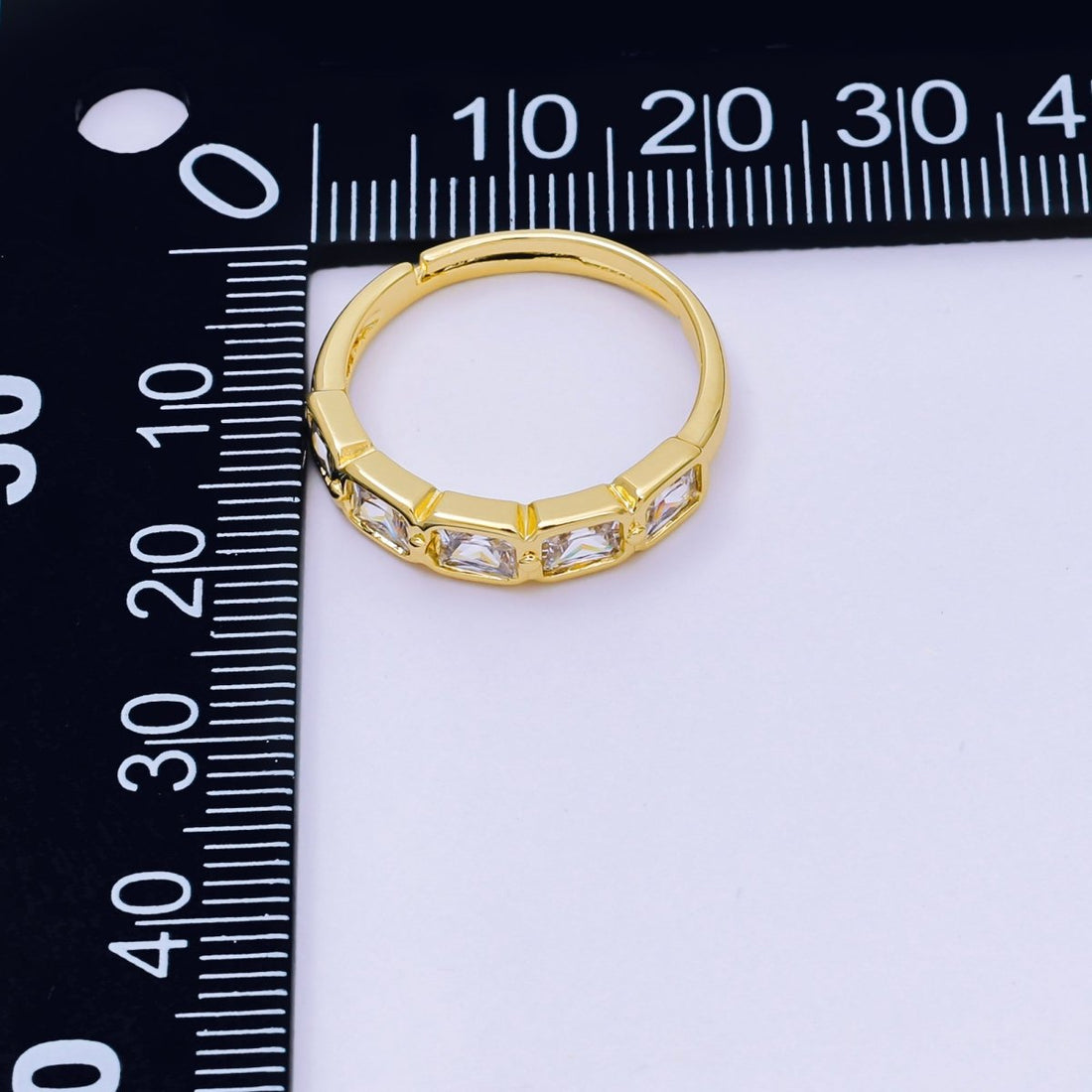 24K Gold Filled Square CZ Five-Stone Horizon Simple Round Baguette Adjustable Ring | O-1457