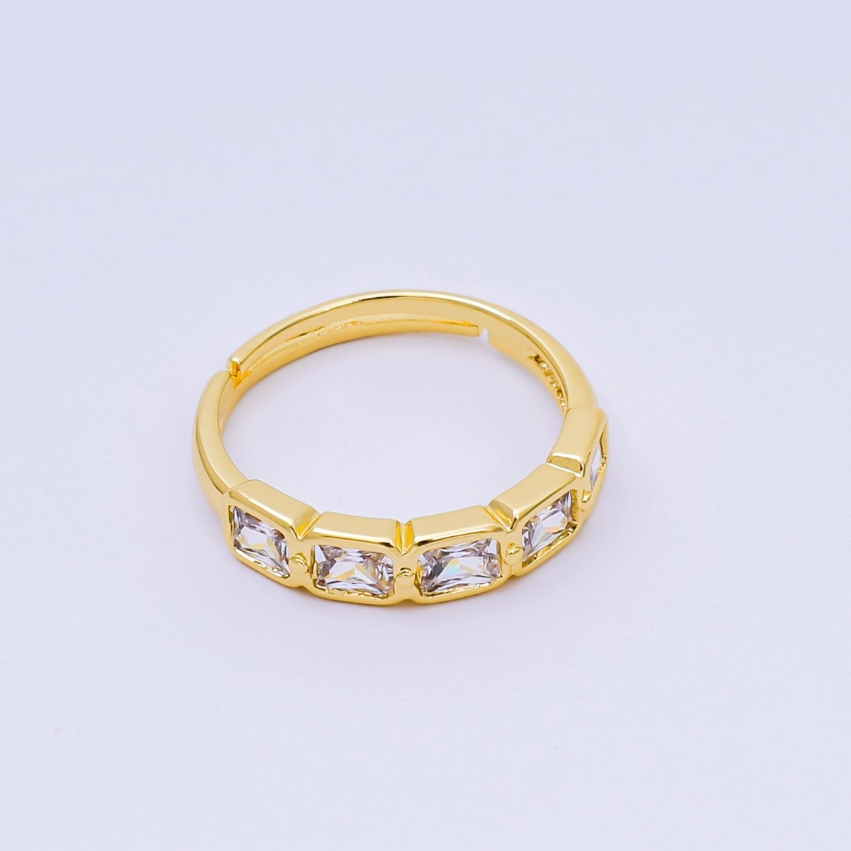 24K Gold Filled Square CZ Five-Stone Horizon Simple Round Baguette Adjustable Ring | O-1457