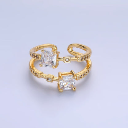 24K Gold Filled Square CZ Micro Paved Geometric Double Band Ring | O545