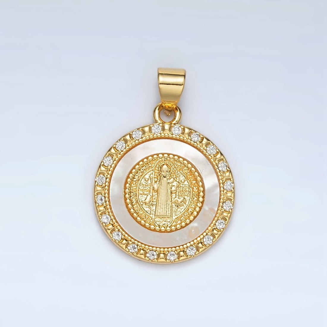 24K Gold Filled St Saint Benedict Shell Pearl Micro Paved CZ Round Pendant | AH184