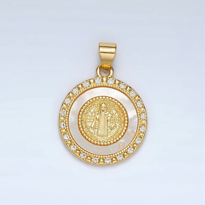 24K Gold Filled St Saint Benedict Shell Pearl Micro Paved CZ Round Pendant | AH184