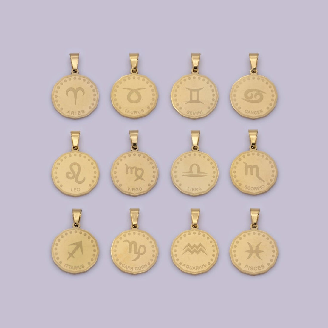 24K Gold Filled Stainless Steel Zodiac Horoscope Sign Gold Medallion Pendant | A-A1851-A-A1856